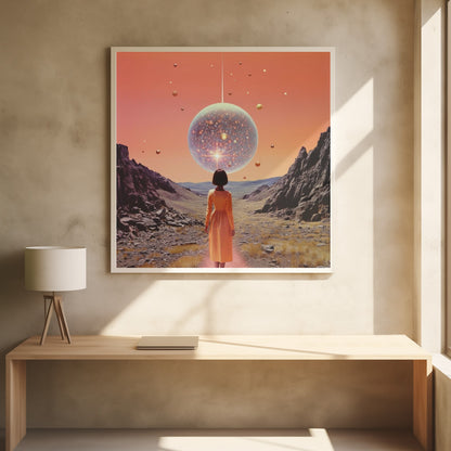 A vibrant collage art print featuring space and disco elements, with cosmic imagery, disco balls, and retro typography. Wall Art