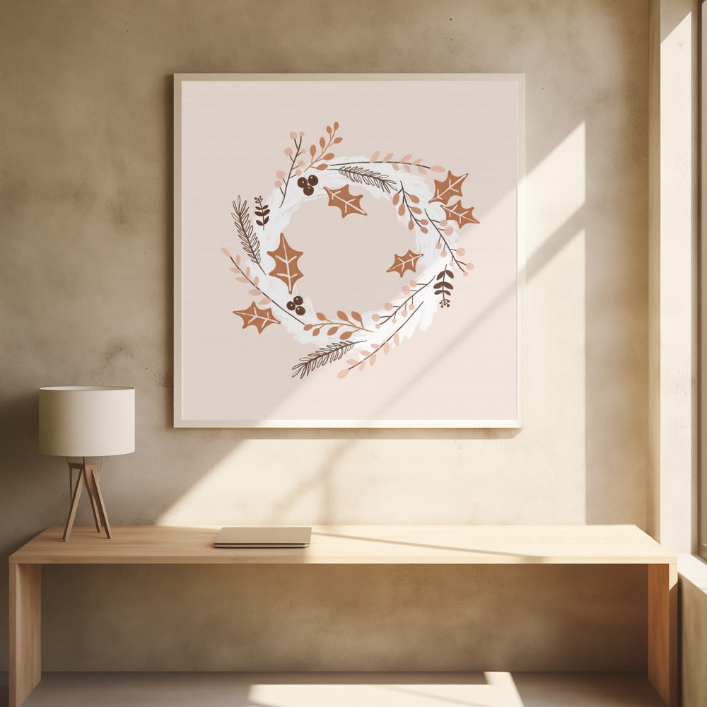 A square illustration of a winter wreath in a light wood frame. The artwork features a minimalist design with holly leaves, berries, and pine sprigs in shades of brown, terracotta, and soft pink on a white brushstroke base, all set against a pale blush pink background. Print