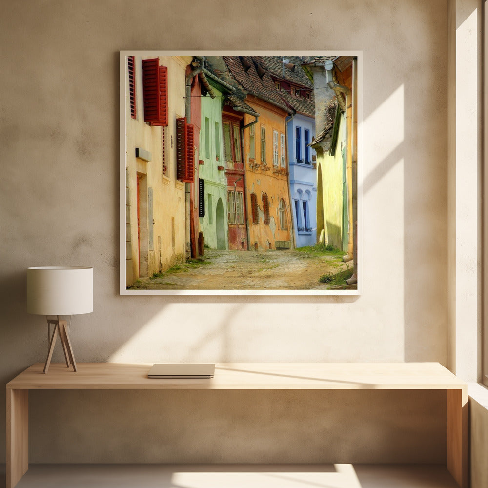 A narrow cobblestone street winds through a historic European town, flanked by colorful, weathered buildings in shades of cream, green, orange, and blue with red shutters, all under aged tile roofs and enclosed in a light wood frame. Artwork