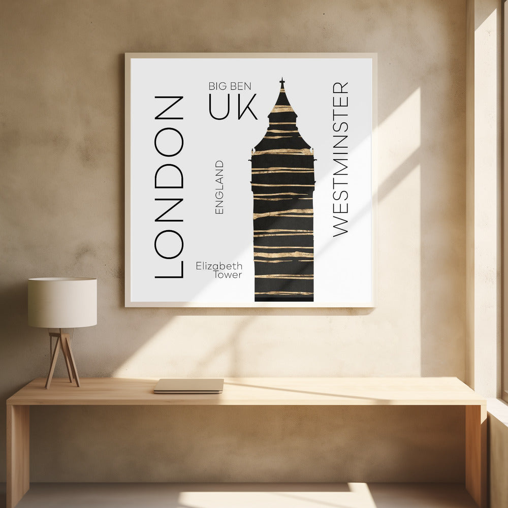 A modern art print in a light wood frame featuring a stylized black and gold silhouette of Big Ben. The image is on a white background with sans-serif text reading 'LONDON' and 'WESTMINSTER' vertically on either side, and 'BIG BEN', 'UK', and 'ENGLAND' centrally. Wall Art
