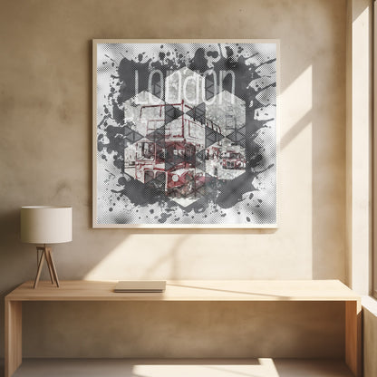 A framed modern art piece featuring a collage of London imagery, including a red double-decker bus and Big Ben, arranged in a hexagonal pattern. The artwork has a graphic, pop-art style with halftone dot effects and is surrounded by grey and black ink splatters, with the word 'london' visible at the top. Poster