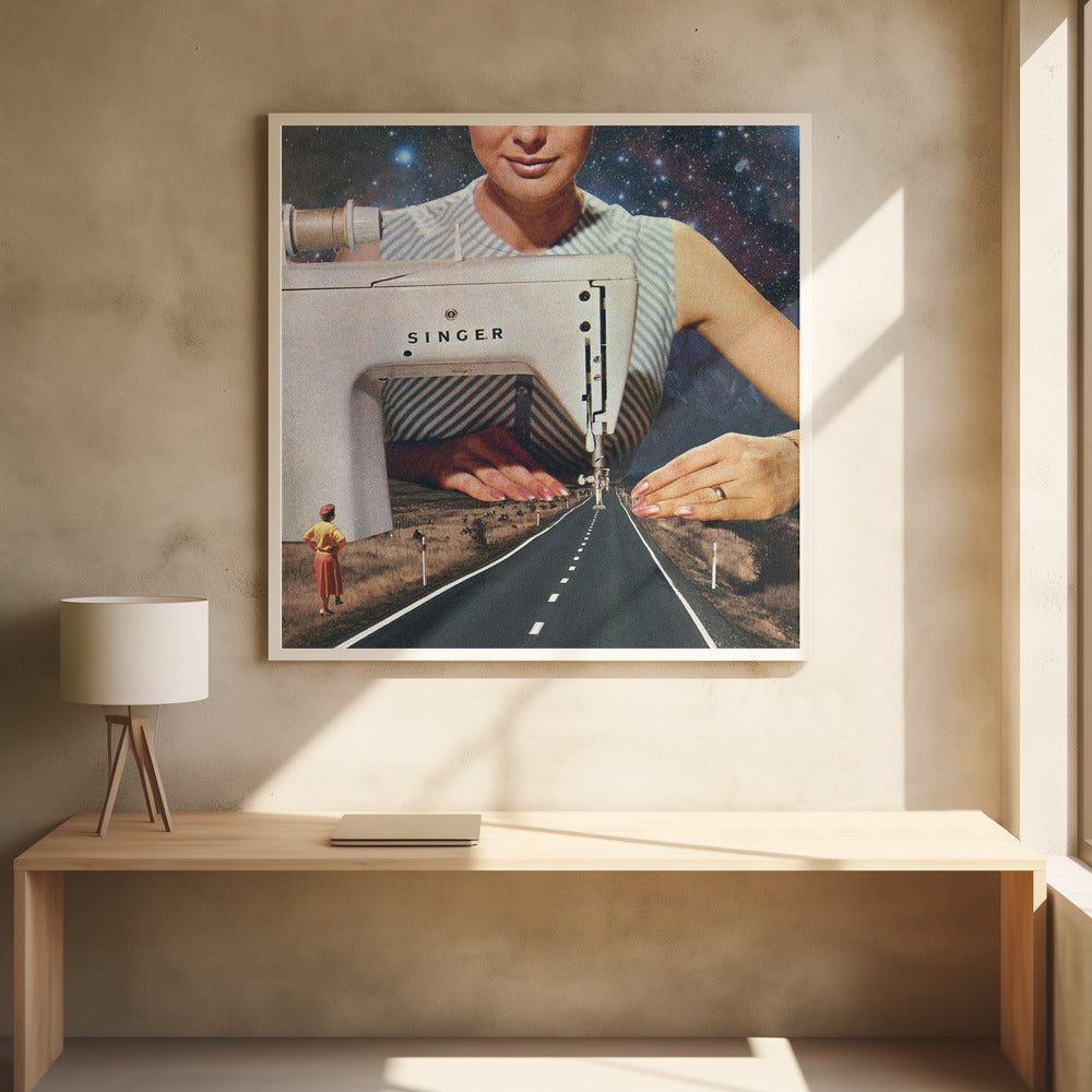 A surreal collage in a light wood frame featuring a giant woman in a striped dress using a vintage Singer sewing machine to stitch the white dashed lines onto an empty road that stretches into the distance. The background behind the woman is a starry galaxy, and a small woman in vintage clothing stands on the side of the road looking on. Print