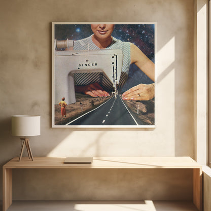 A surreal collage in a light wood frame featuring a giant woman in a striped dress using a vintage Singer sewing machine to stitch the white dashed lines onto an empty road that stretches into the distance. The background behind the woman is a starry galaxy, and a small woman in vintage clothing stands on the side of the road looking on. Print