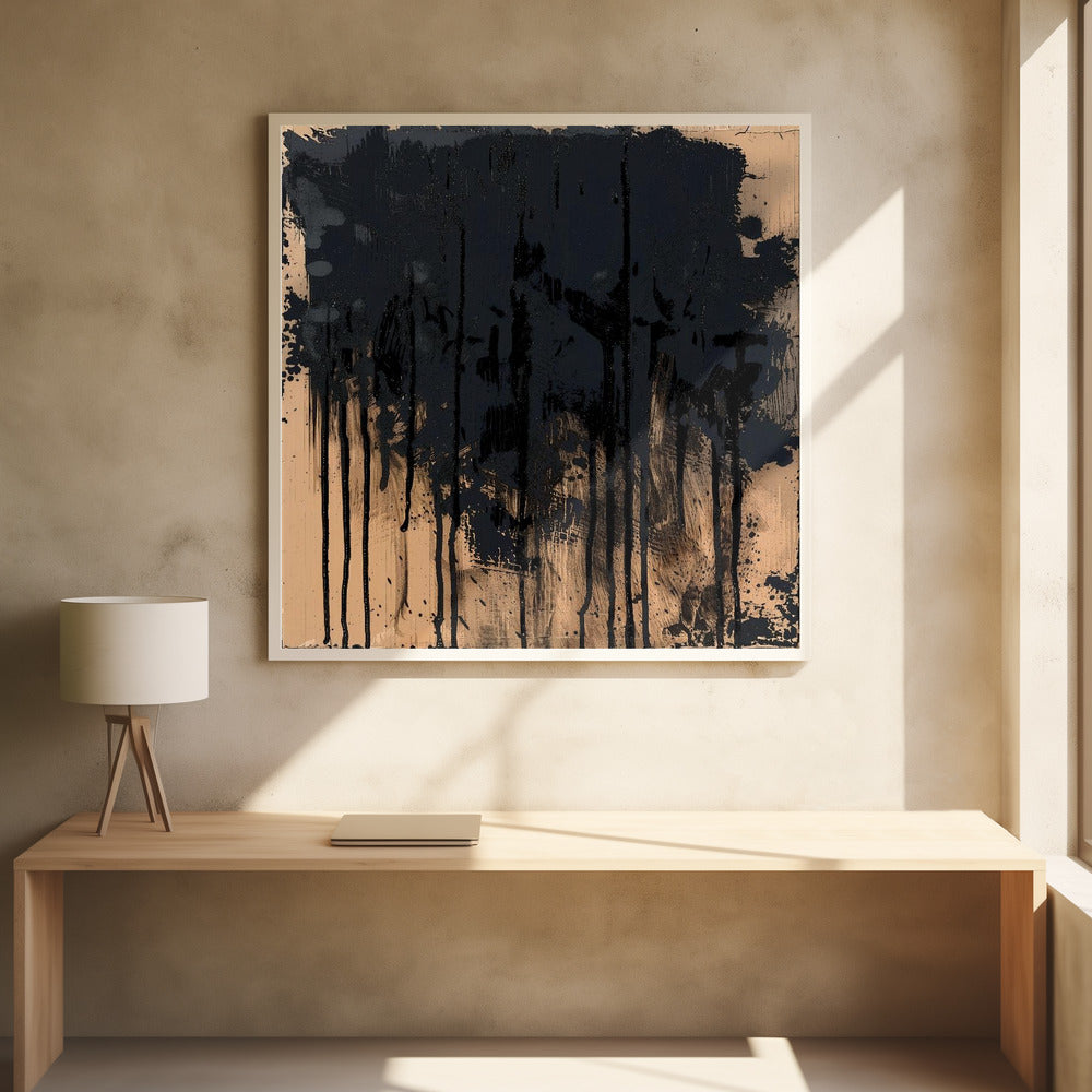 An abstract painting in a light wood frame featuring a textured beige background with thick, glossy black paint heavily applied across the top half, with prominent drips and splatters running down the canvas. Poster