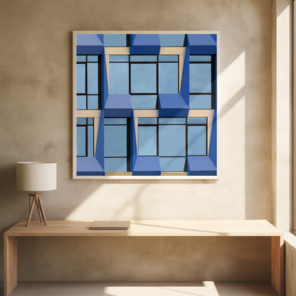 A framed abstract architectural photograph showing a repeating pattern of a modern building's facade. The image features geometric, three-dimensional blue elements surrounding light blue windows with black frames, all set against horizontal cream-colored bands. The entire piece is presented within a light wood frame. Print