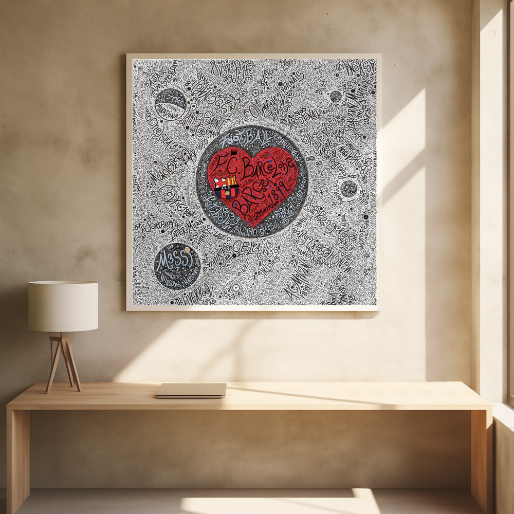 A detailed, hand-drawn typographic artwork with a black and white background filled with the names of various football clubs. At the center is a large, vibrant red heart containing the F.C. Barcelona crest and the word 'Barça' in stylized black script. The entire piece is enclosed in a light wood frame. Poster