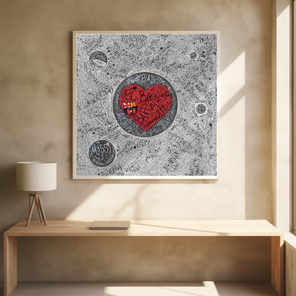 A detailed, hand-drawn typographic artwork with a black and white background filled with the names of various football clubs. At the center is a large, vibrant red heart containing the F.C. Barcelona crest and the word 'Barça' in stylized black script. The entire piece is enclosed in a light wood frame. Poster