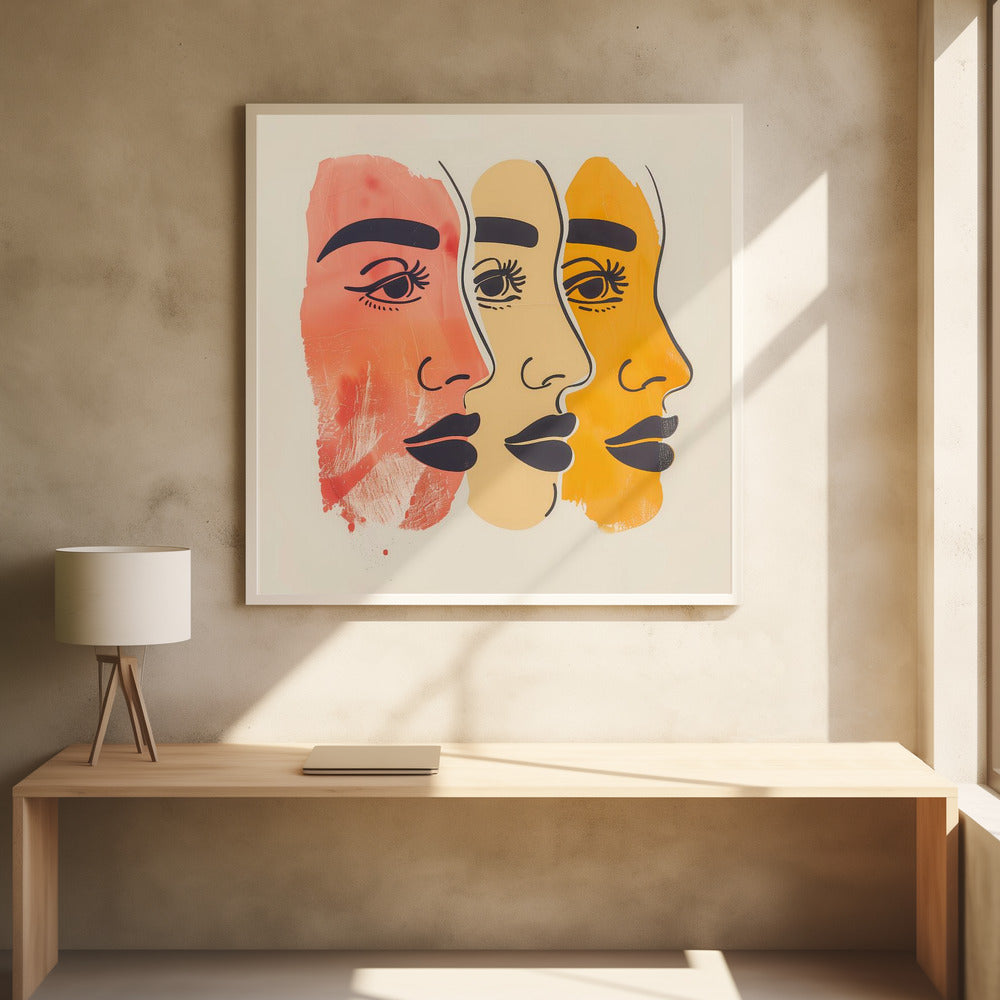 A framed piece of modern art depicting three stylized female faces in profile, layered one behind the other. The faces are rendered in shades of red-orange, pale yellow, and golden-orange, with bold black line work for the eyes, eyebrows, and lips, all set against a cream background. Print