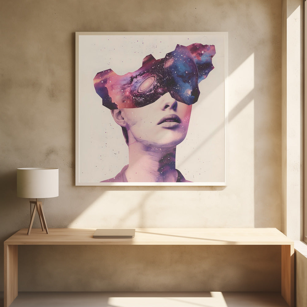 A surreal collage art piece featuring a portrait of a person's lower face. Their eyes are obscured by a cutout shape filled with a vibrant image of a colorful galaxy, complete with stars, nebulae, and a spiral galaxy. The artwork is presented in a light wood frame. Poster