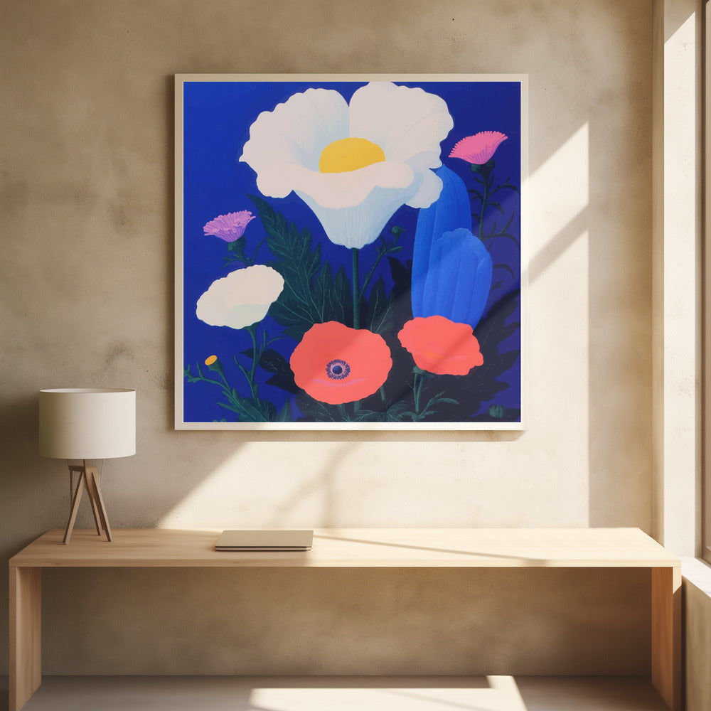 A vibrant, stylized painting of a bouquet of colorful poppies against a solid, deep blue background, enclosed in a light wood frame. The central flower is a large white poppy with a bright yellow center, surrounded by smaller red, pink, and white poppies, along with dark green leaves. Artwork