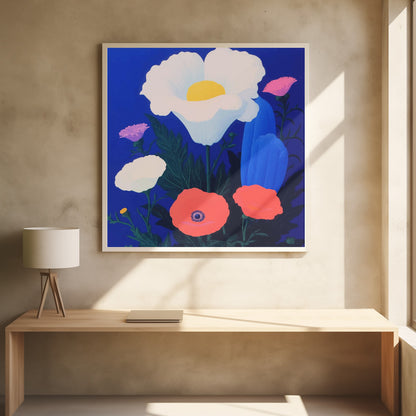 A vibrant, stylized painting of a bouquet of colorful poppies against a solid, deep blue background, enclosed in a light wood frame. The central flower is a large white poppy with a bright yellow center, surrounded by smaller red, pink, and white poppies, along with dark green leaves. Artwork