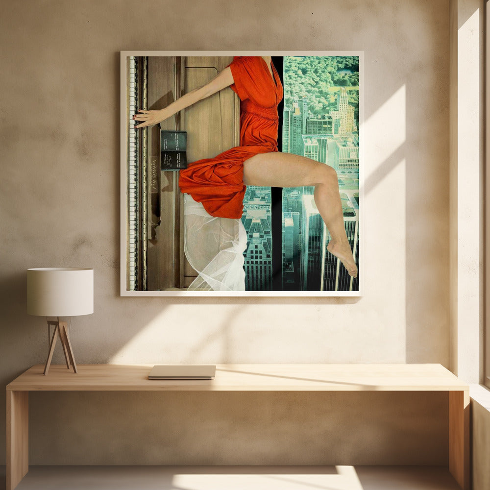A surrealist collage artwork in a light wood frame, featuring the fragmented body of a woman in a vibrant orange dress. Her arm reaches to touch the keys of an upright piano on the left, while her legs are positioned as if sitting on a ledge overlooking a teal-toned cityscape on the right. Artwork