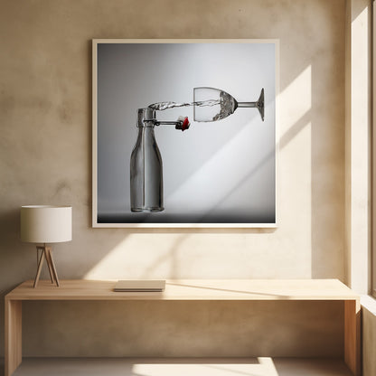 A conceptual photograph in a light wood frame depicting water pouring horizontally from an open swing-top glass bottle into a floating, sideways wine glass against a simple gray background, capturing the liquid in mid-air. Print
