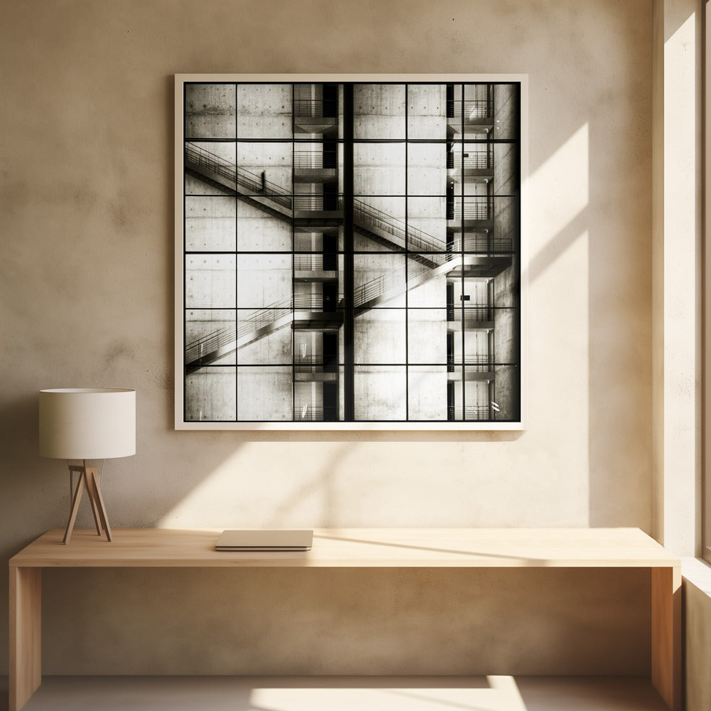 A framed black and white photograph of a modern concrete building's interior, seen through a grid of window panes. The image captures multiple levels of staircases and walkways crisscrossing in a complex, geometric pattern. A shadowy, blurred figure of a person can be seen walking up a staircase on the upper left. Wall Art
