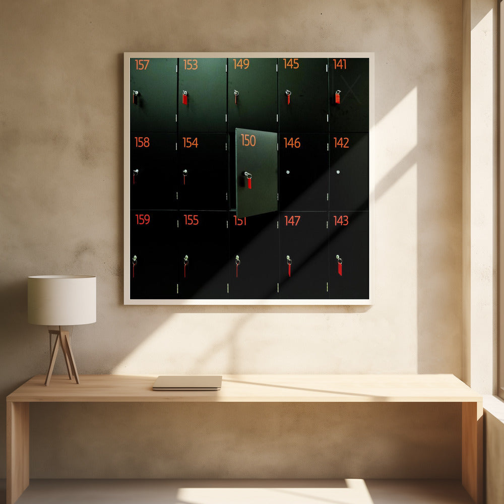 A head-on shot of a grid of black lockers inside a light wood frame. Each locker has a bright orange number and a key with a red tag. Locker number 150 is open, creating a focal point in the otherwise uniform pattern. Wall Art
