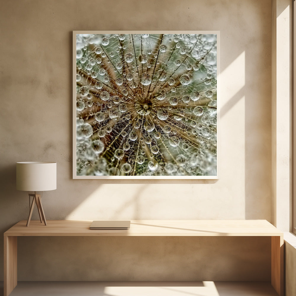 A framed macro photograph of a dandelion seed head covered in sparkling water droplets. The perspective is from the center of the flower, looking out at the radiating seeds and their delicate pappus, with each droplet reflecting the intricate structure. Artwork