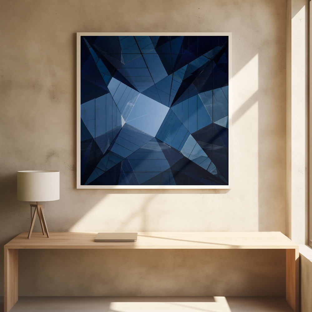A framed, low-angle photograph looking up towards the sky, surrounded by the reflective blue glass facades of modern buildings which create a kaleidoscopic, geometric pattern. Print