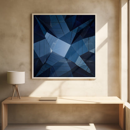 A framed, low-angle photograph looking up towards the sky, surrounded by the reflective blue glass facades of modern buildings which create a kaleidoscopic, geometric pattern. Print