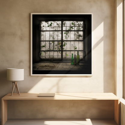 A moody photograph of three dusty green glass bottles sitting on a dirty windowsill in a dark, abandoned room. Behind them, a large, grimy, multi-paned window with wire mesh lets in dim light, revealing the silhouettes of overgrown vines outside. Poster