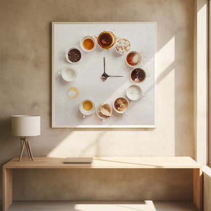 A creative flat lay photograph of a clock made from coffee cups and ingredients. Twelve white cups are arranged in a circle on a white background, each representing an hour and filled with different coffee-related items like beans, honey, sugar cubes, and various stages of coffee with milk splashing. In the center, two silver spoons form the hands of the clock. The entire image is presented within a light wood frame. Decor
