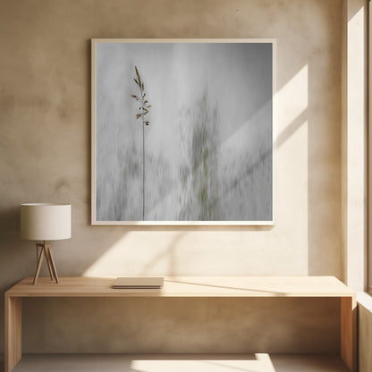 A minimalist photograph in a light wood frame featuring a single, delicate stalk of wild grass in sharp focus against a soft, vertically blurred background of gray and muted green tones, creating a tranquil and artistic impression. Print