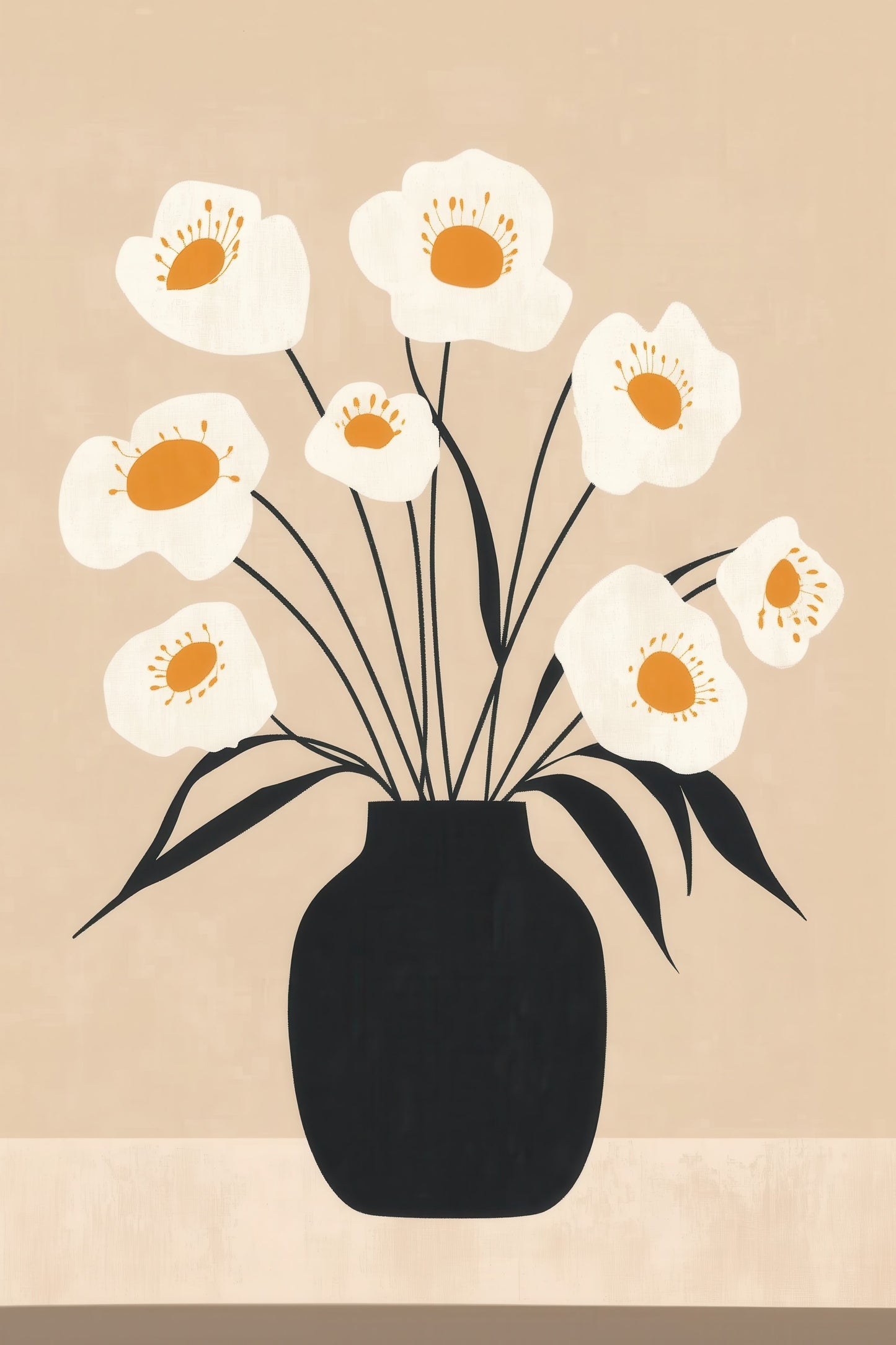 White Flowers in Black Vase - Poster / Art Print