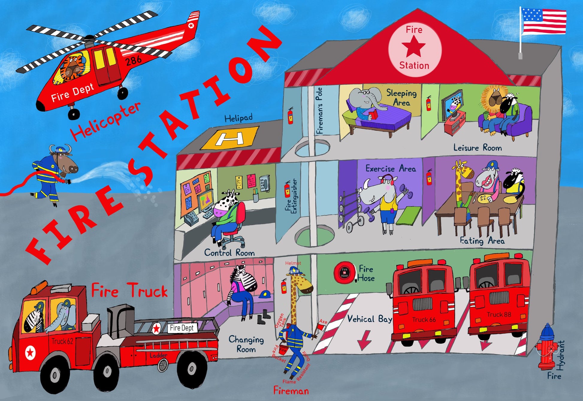 Firemen and the Fire Station by Artist Carla Daly - Poster / Art Print