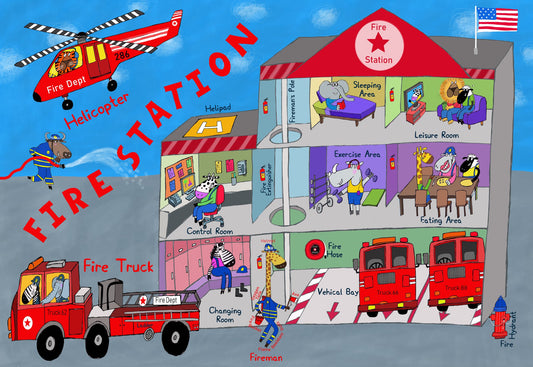 Firemen and the Fire Station by Artist Carla Daly - Poster / Art Print