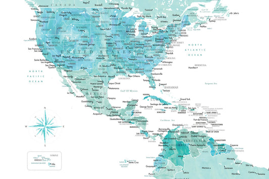 Aquamarine map of USA and Mexico - Poster / Art Print