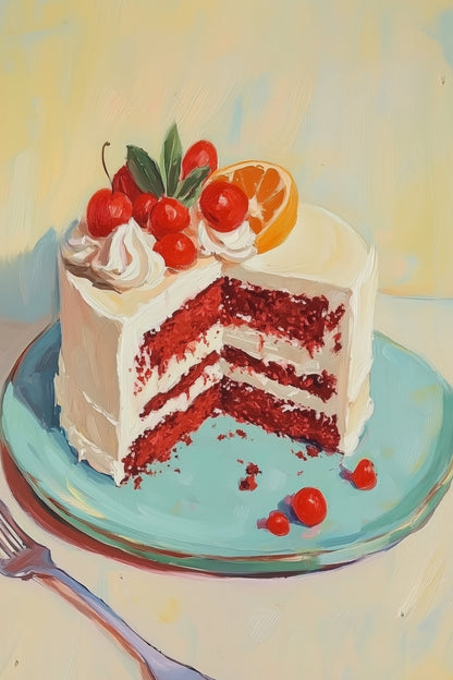Red Velvet Cake with Fresh Fruit Toppings - Poster / Art Print