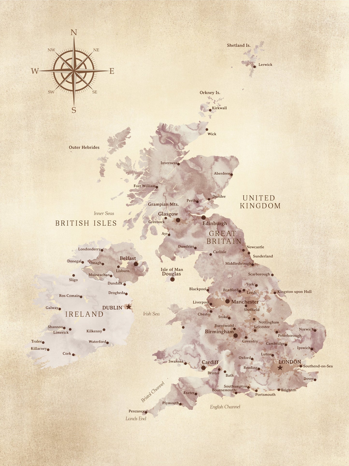 Sepia karta av Storbritannien - Poster / Art Print