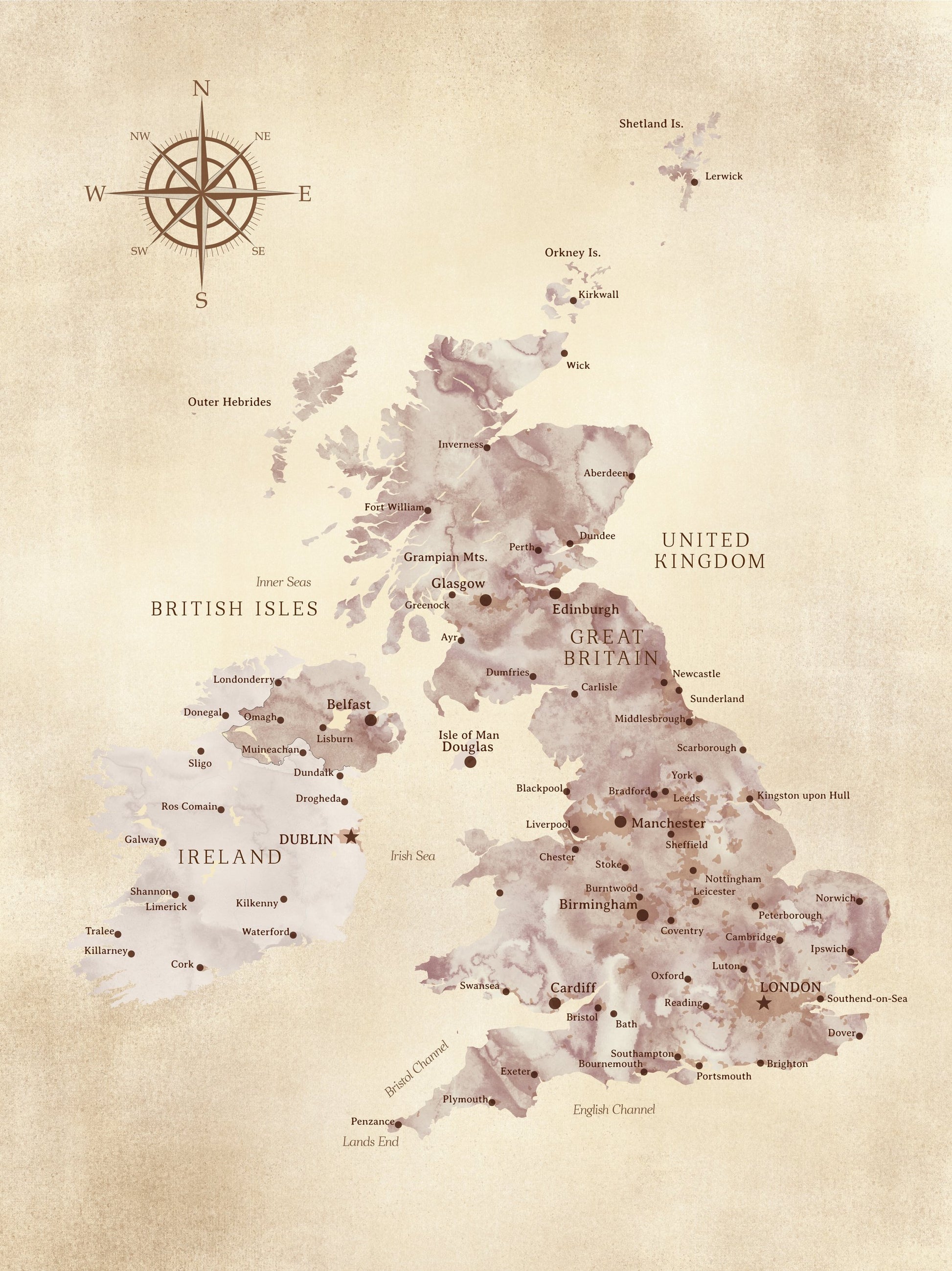 Sepia karta av Storbritannien - Poster / Art Print
