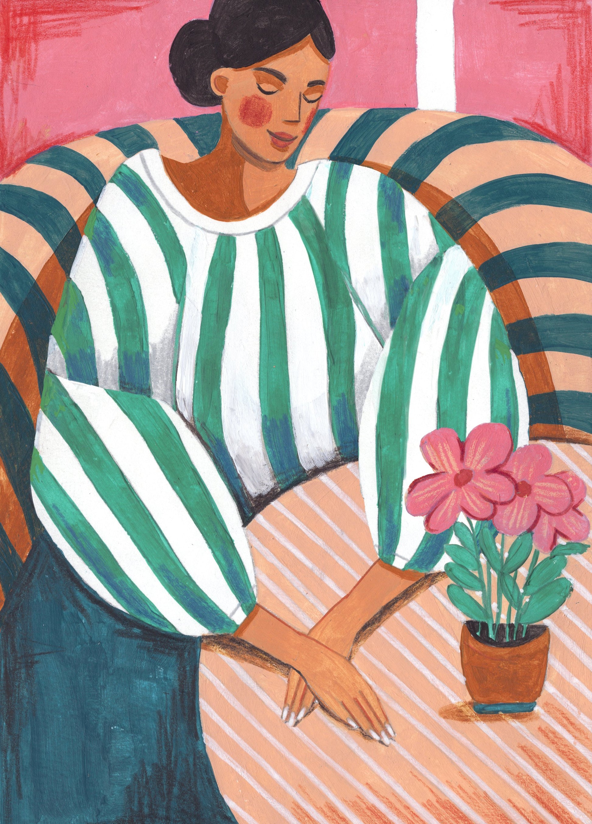 Woman in stripes in thought - Poster / Art Print