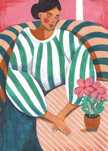 Woman in stripes in thought - Poster / Art Print