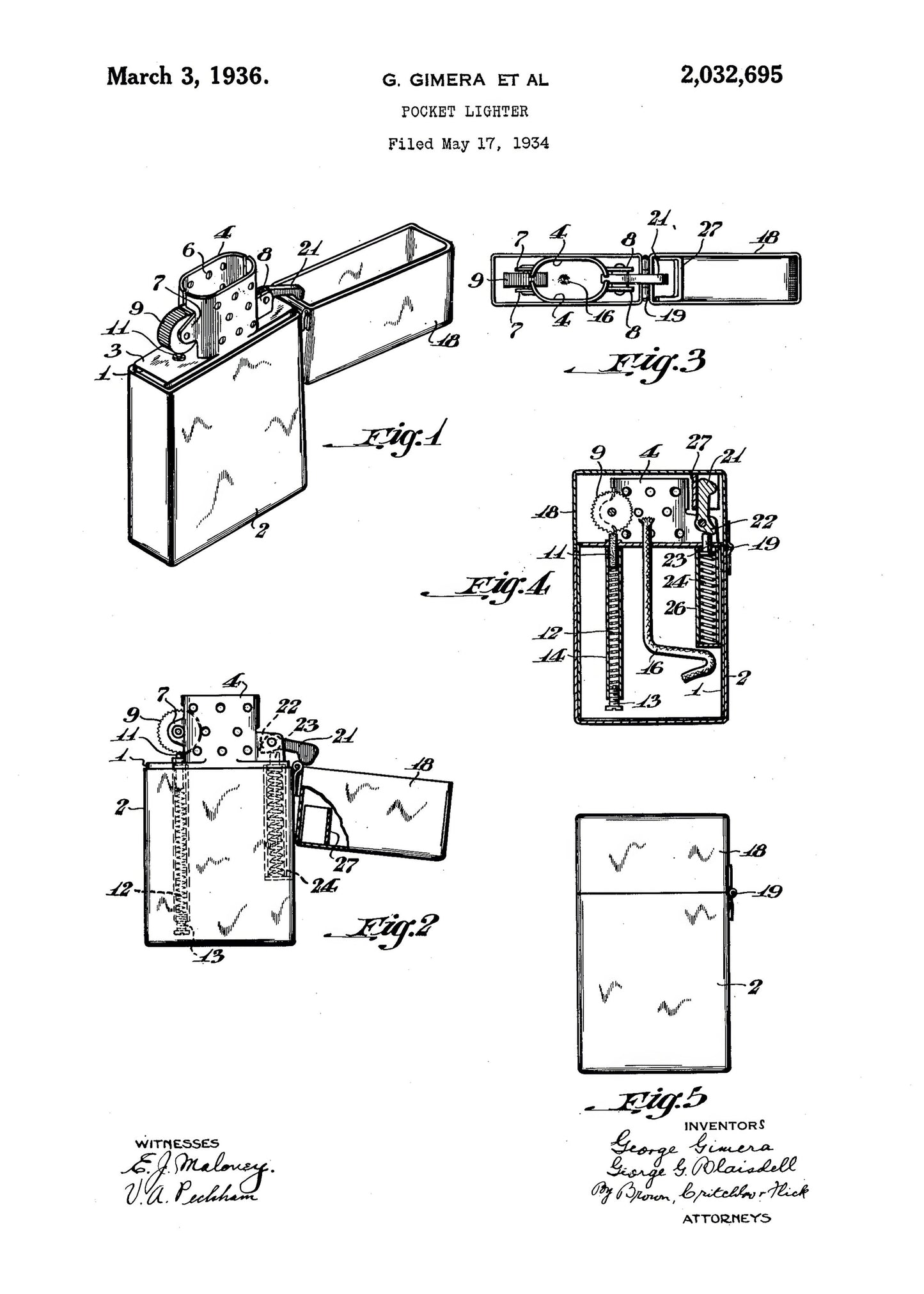 Pocket Lighter Patent 1934 - Poster / Art Print
