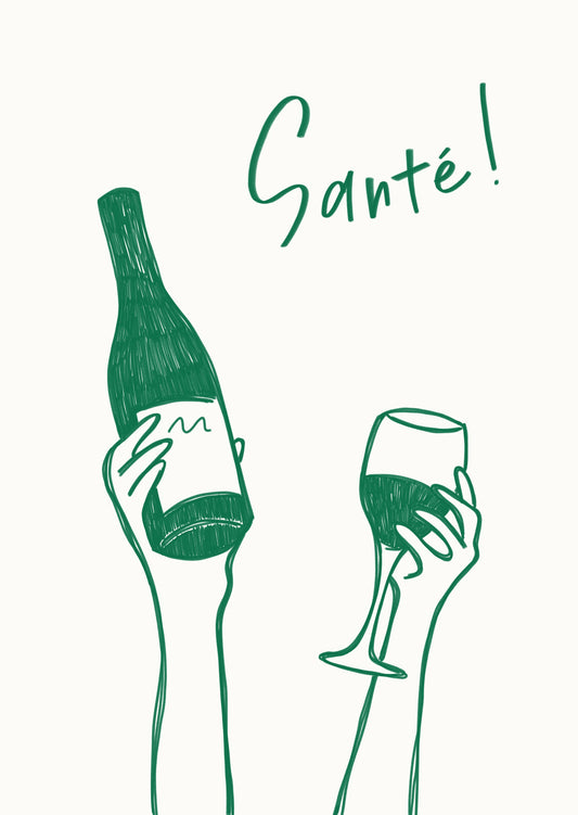 Hands holding a wine bottle and a wine glass with the text "Cheers!" in French - Poster / Art Print