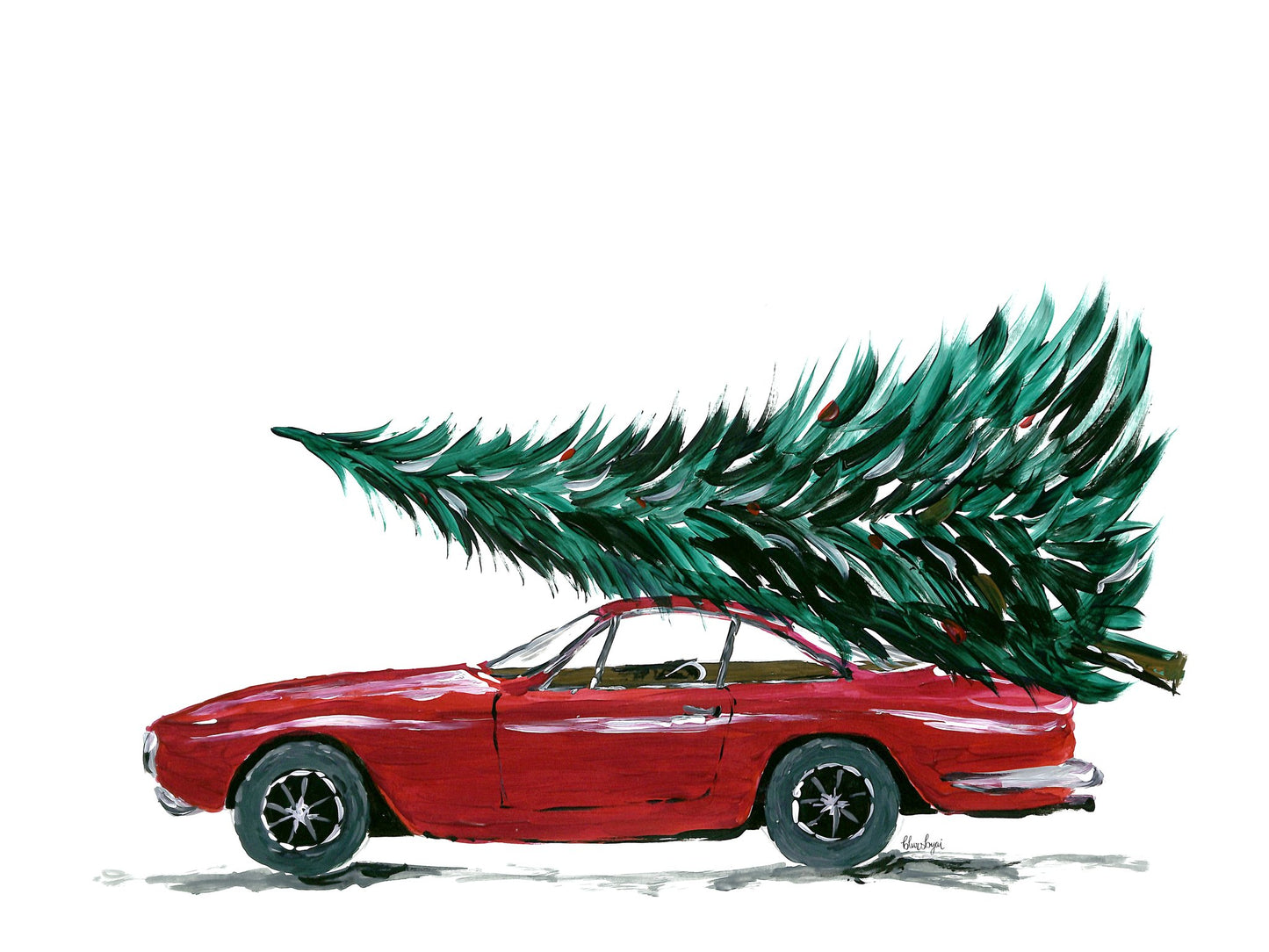 Eighties car carrying a Christmas tree - Poster / Art Print
