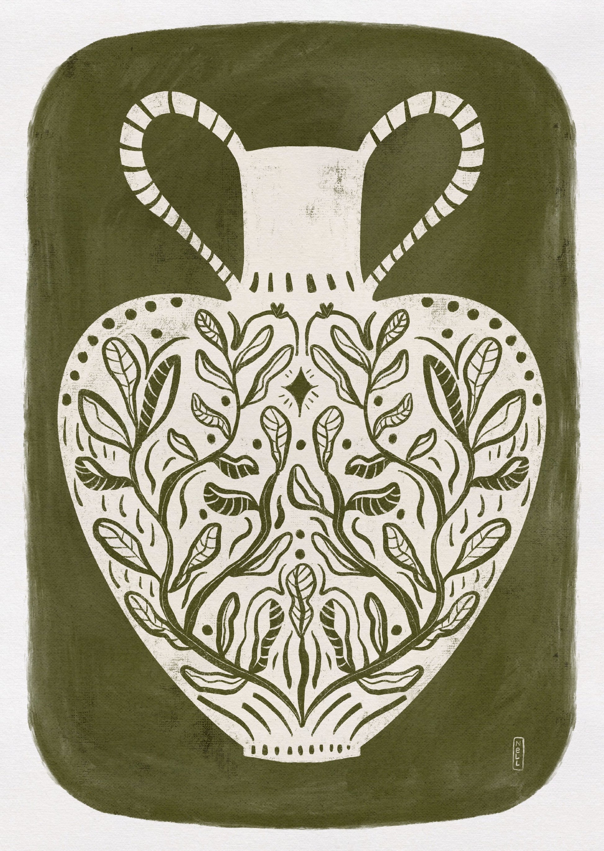 Greek Vase Olive Green Illustration - Poster / Art Print