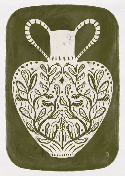 Greek Vase Olive Green Illustration - Poster / Art Print