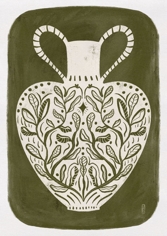 Greek Vase Olive Green Illustration - Poster / Art Print