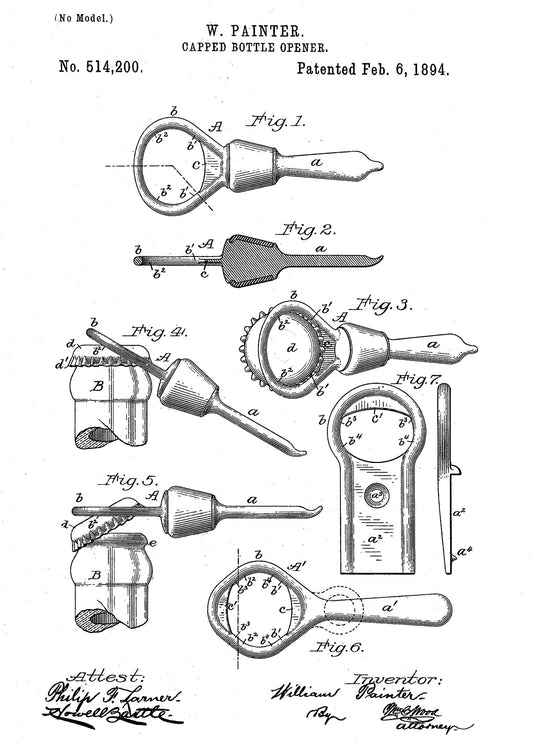 Capped Bottle Opener Patent 1894 - Poster / Art Print