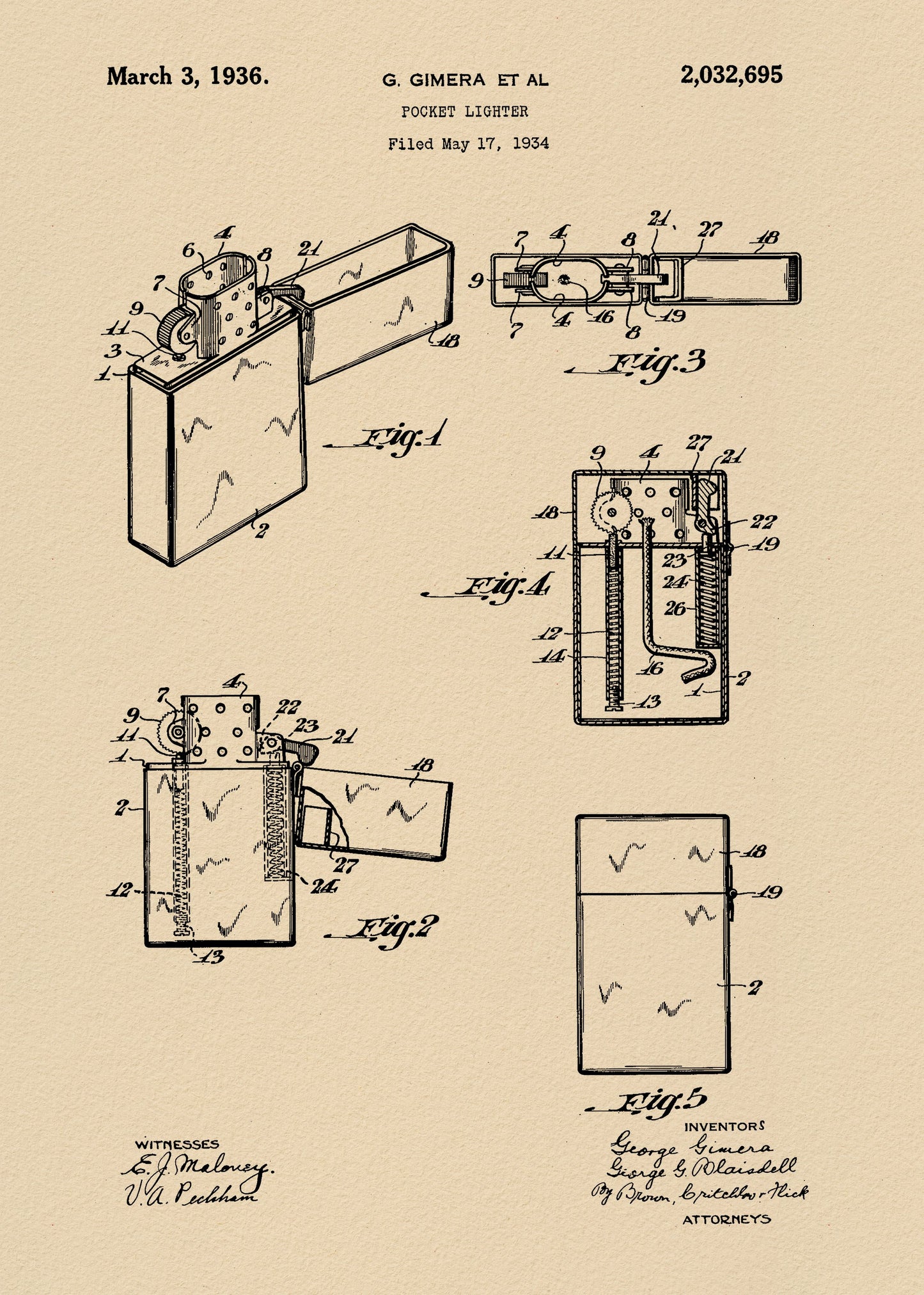 Pocket Lighter Patent 1934 - Poster / Art Print