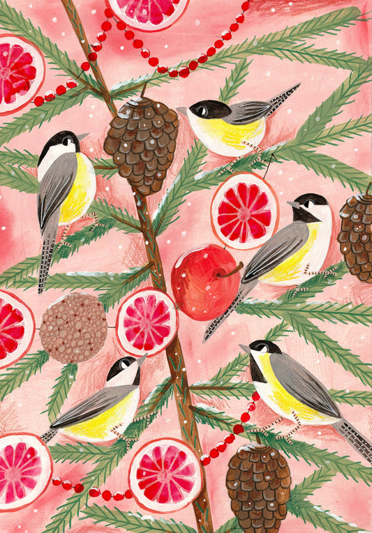 Winter birds Tits in the pine tree at Christmas - Poster / Art Print