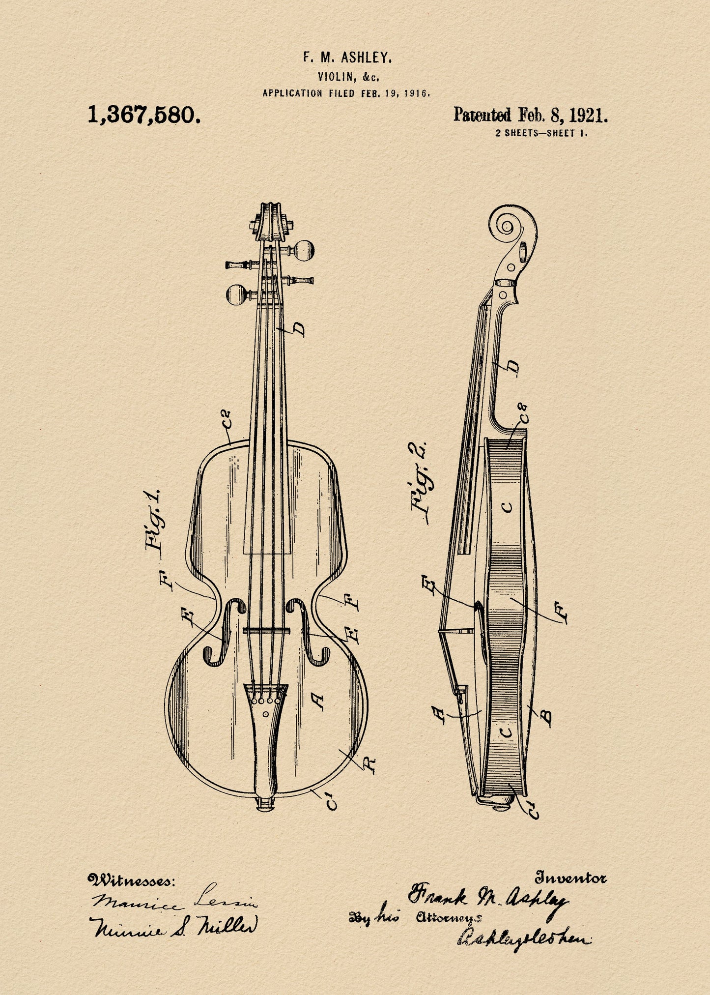 Violin Patent 1921 - Poster / Art Print