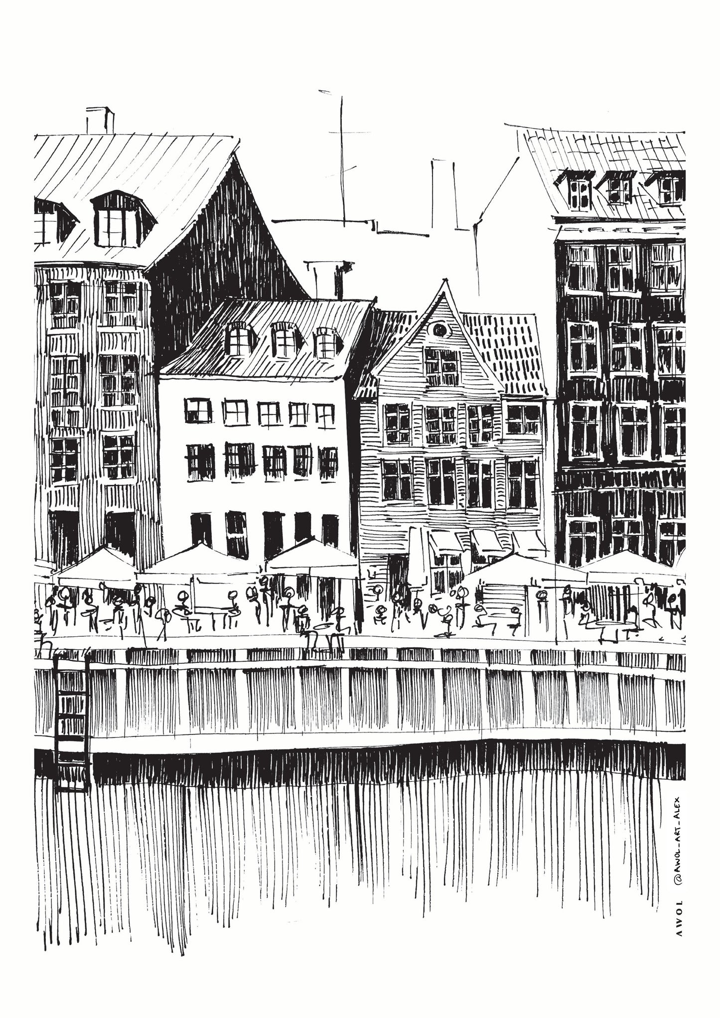 Nyhavn Canal: Copenhagen, Denmark City Drawing - Poster / Art Print