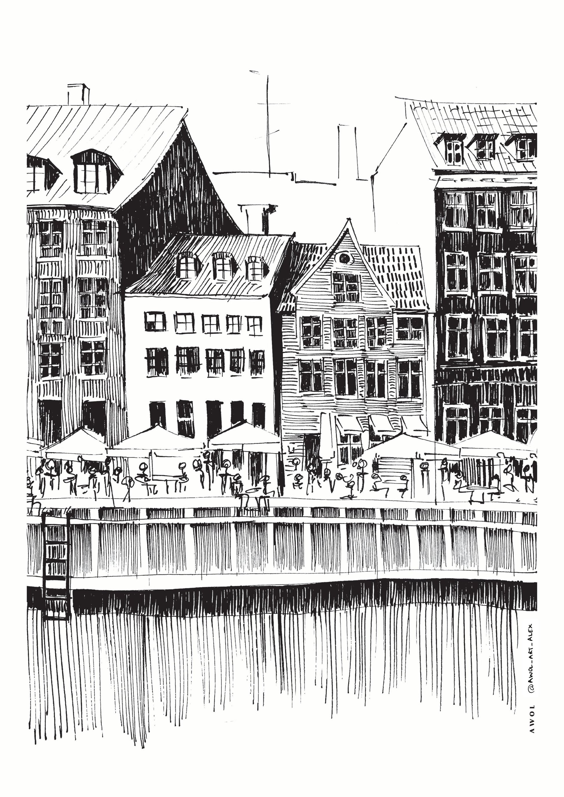 Nyhavn Canal: Copenhagen, Denmark City Drawing - Poster / Art Print