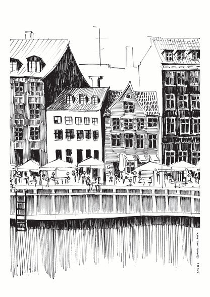 Nyhavn Canal: Copenhagen, Denmark City Drawing - Poster / Art Print
