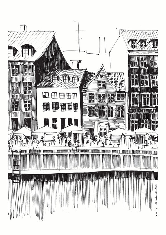 Nyhavn Canal: Copenhagen, Denmark City Drawing - Poster / Art Print