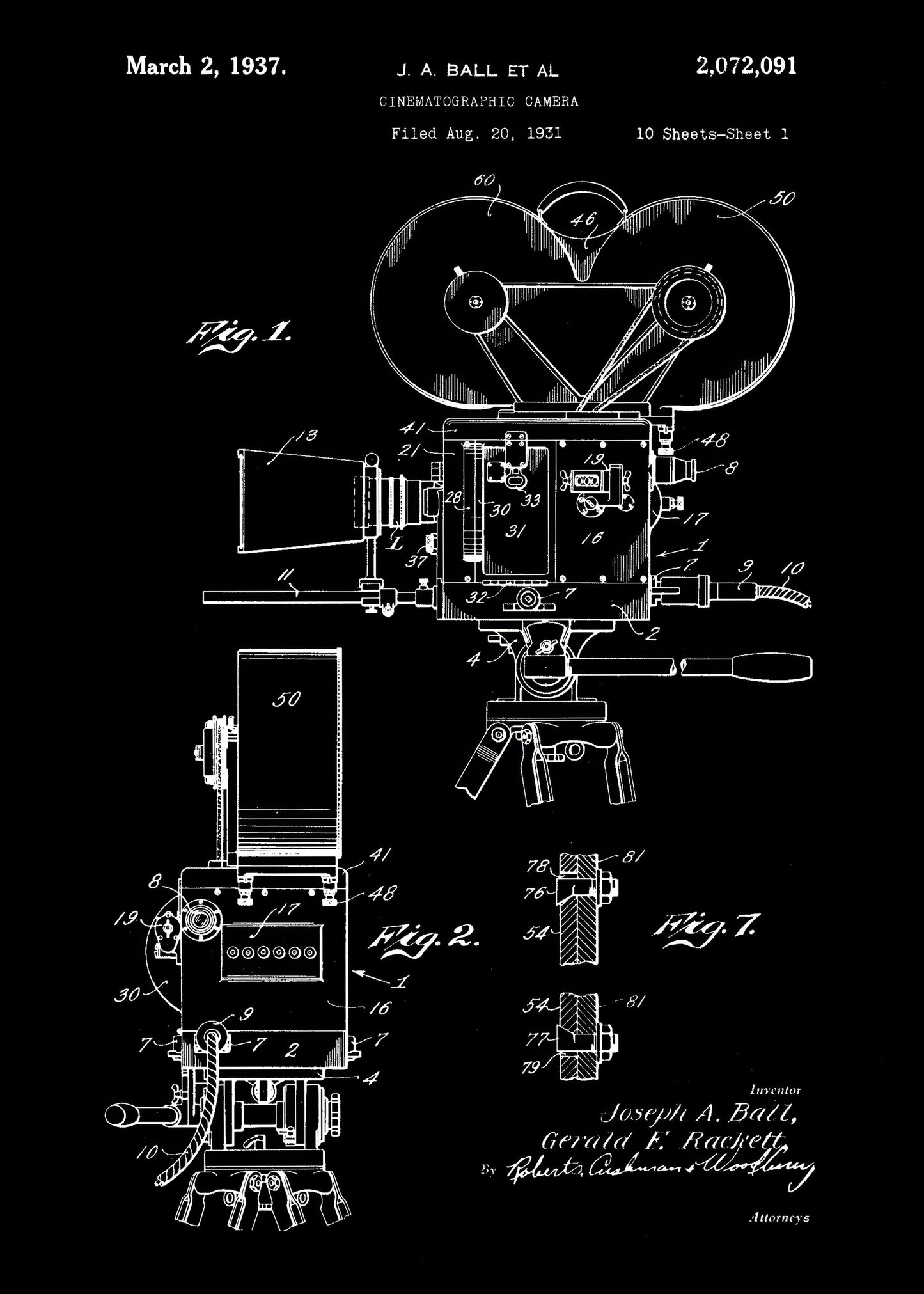 Cinematographic Camera Patent 1937 - Poster / Art Print