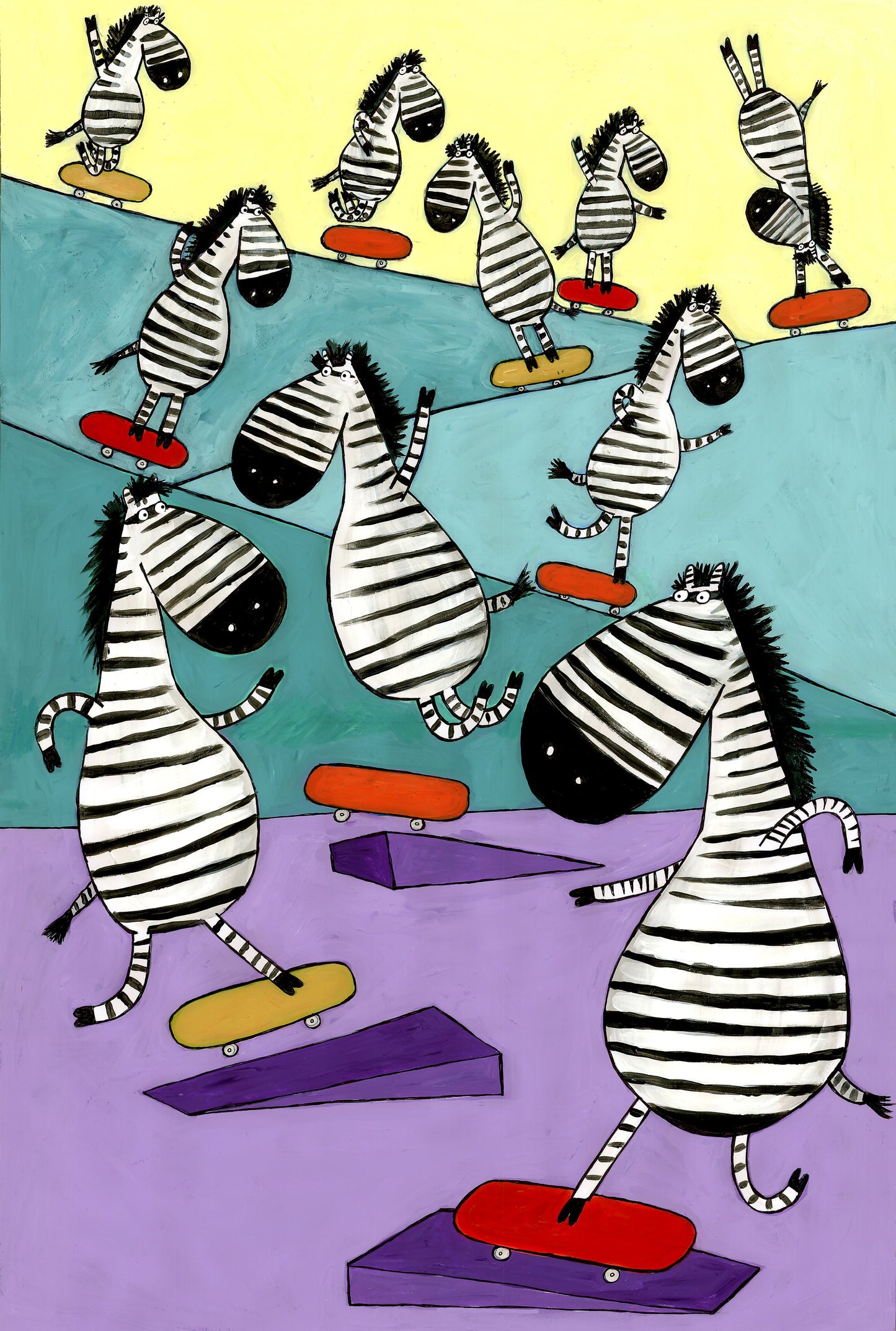 Hilarious Zebras in the Skatepark by Artist Carla Daly - Poster / Art Print